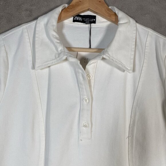 ZARA White Denim Mini Polo Dress M Preppy Minimalist Clean Girl Collared Pockets - Picture 5 of 16